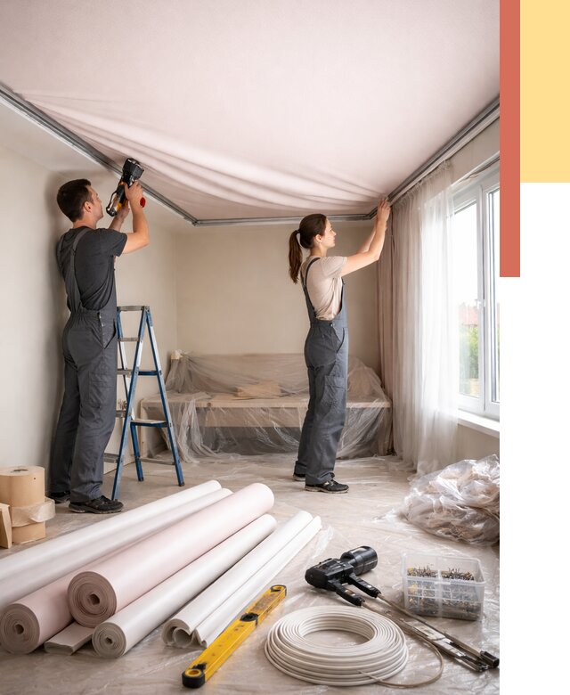 Монтаж цветного натяжного потолка в Глазове от 4285 руб/м² — быстро и недорого | ОТДЕЛОЧНИК-Глз