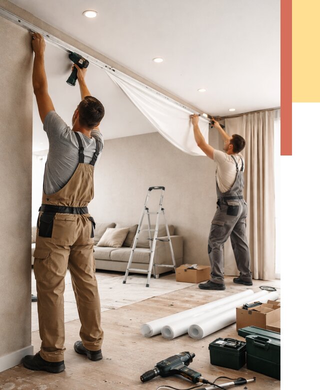 Монтаж натяжного потолка в гостиной в Глазове от 561 руб. | ОТДЕЛОЧНИК-Глз