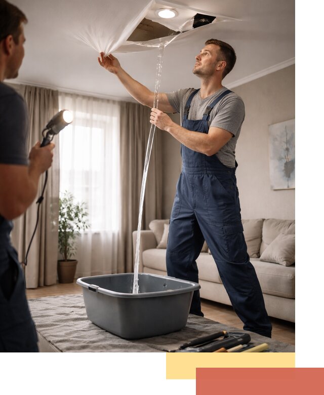 Слив воды с натяжного потолка в Глазове быстро и аккуратно